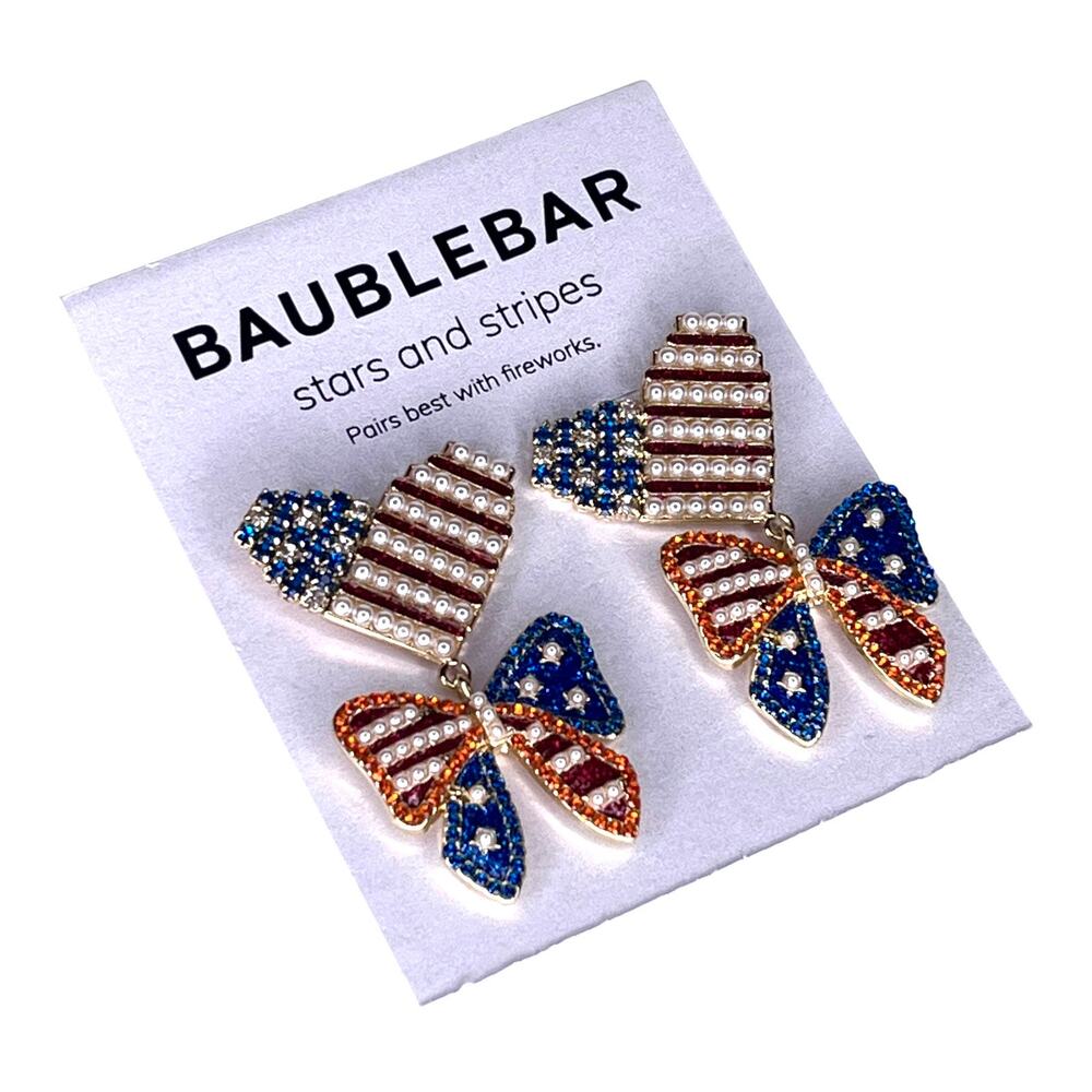 BaubleBar Patriotic EARRINGS Dangle Drop Red White Blue Bows Hearts Pearl USA